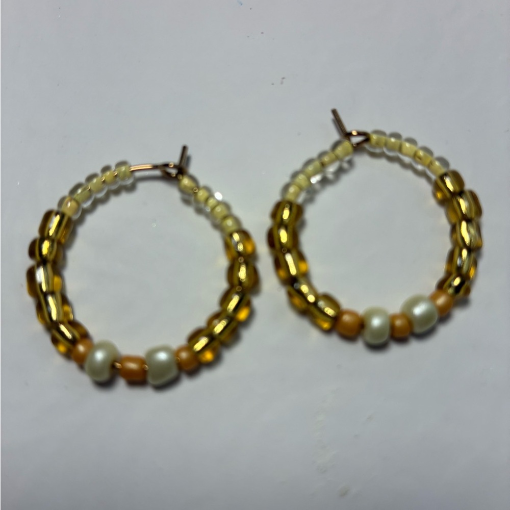 Gold and Cream Beaded Hoop Earrings - Women Jewelry